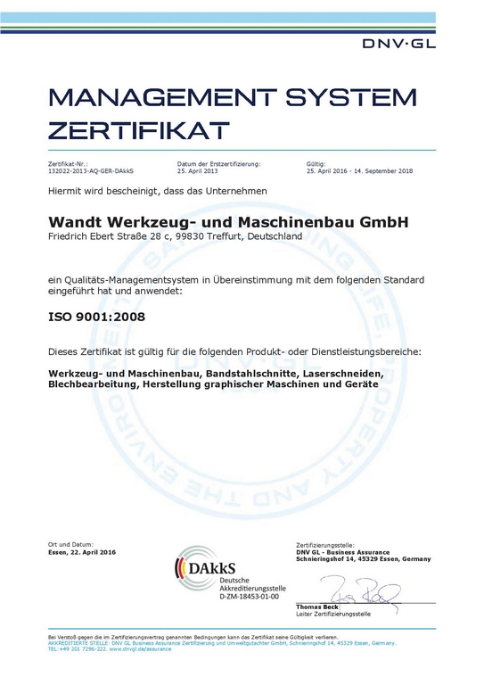 DIN EN ISO 9001:2008::Dieses Zertifikat gültig vom 25.04.2016 bis 14.09.2018