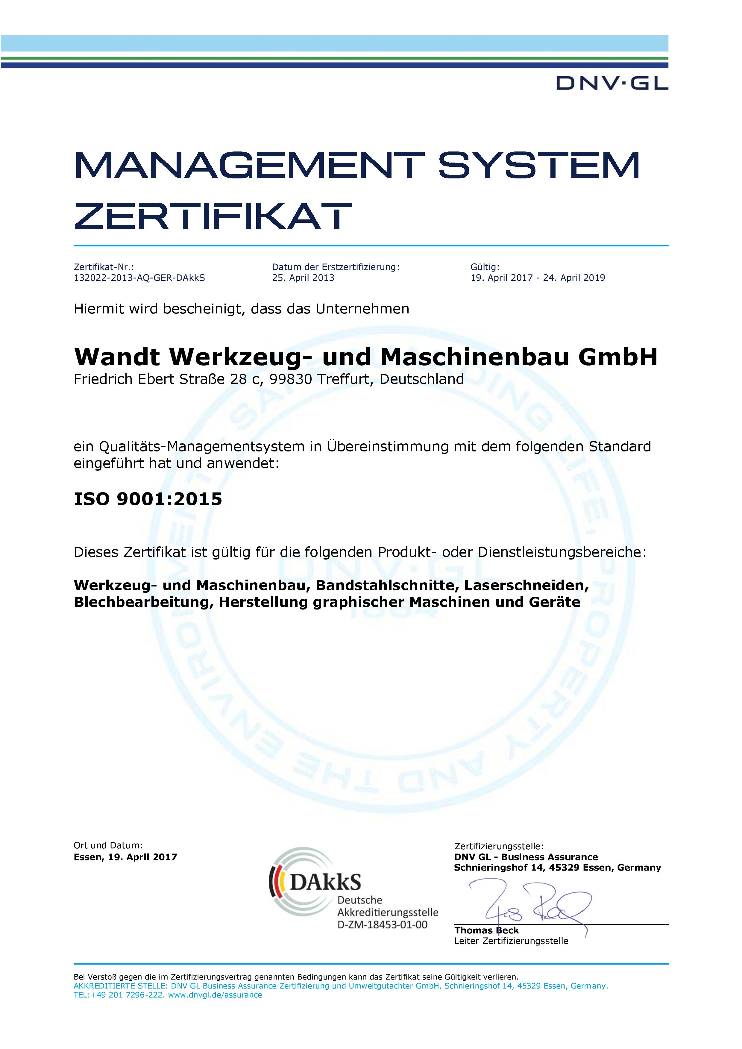 DIN EN ISO 9001:2015::Dieses Zertifikat gültig vom 19.04.2017 bis 24.04.2019