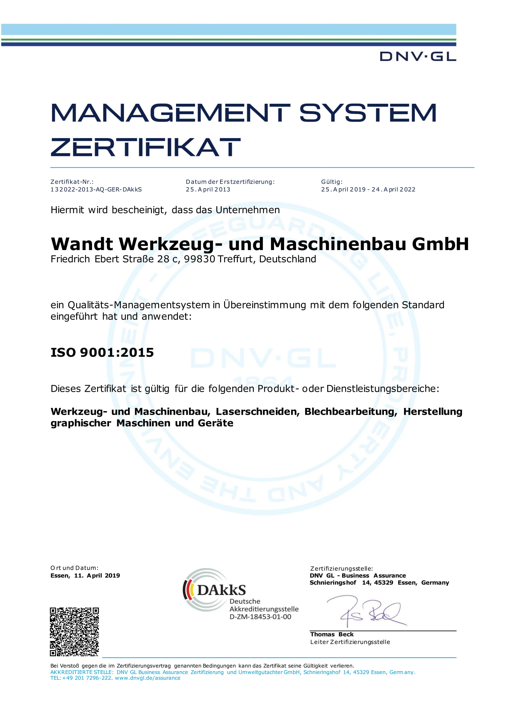 DIN EN ISO 9001:2015::Dieses Zertifikat gültig vom 25.04.2019 bis 24.04.2022